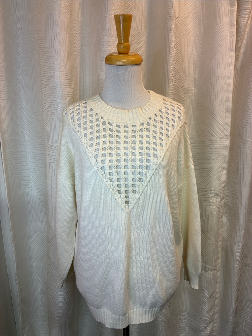 Lira Cream Open-Weave Yoke Crew Sweater
